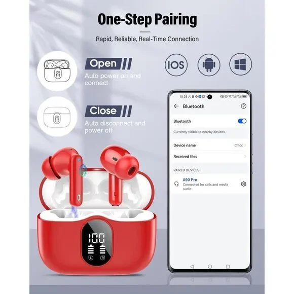 Wireless Earbuds, Bluetooth 5.4 Headphones Bass Stereo with Noise Cancelling Mic
